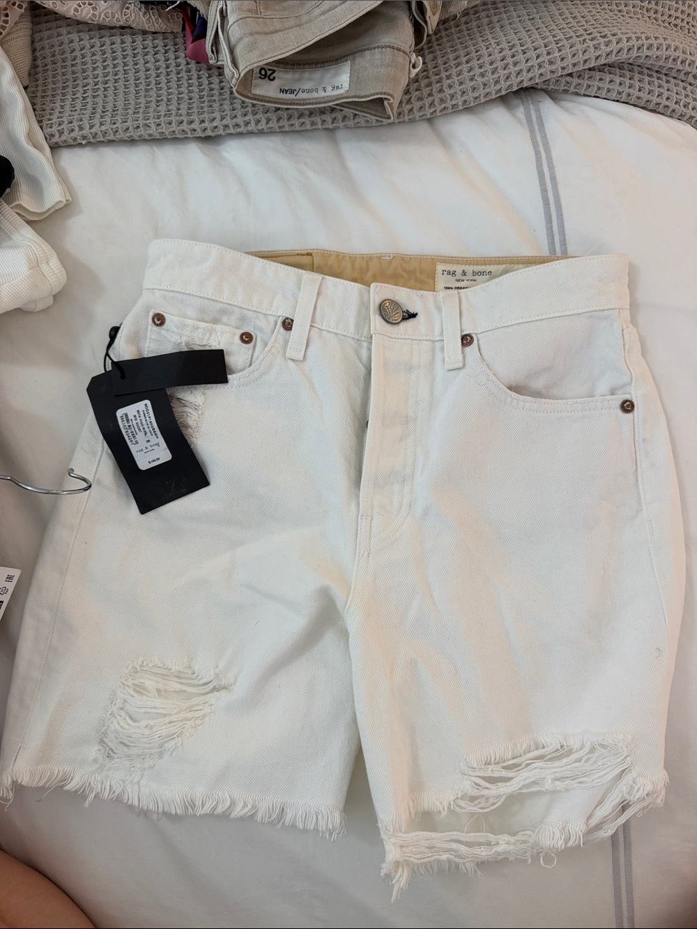 rag & bone White Distressed Denim Shorts with Frayed Hem